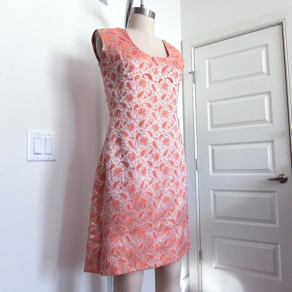 1960s Orange Beaded Brocade Sleeveless Dress | Metallic Paisley Shift | Vintage